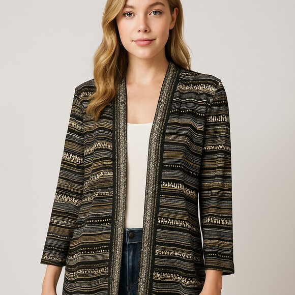 Misook Cardigan Duster Size Large Black Stripes Open Front Shimmer Work Dressy - Picture 1 of 11